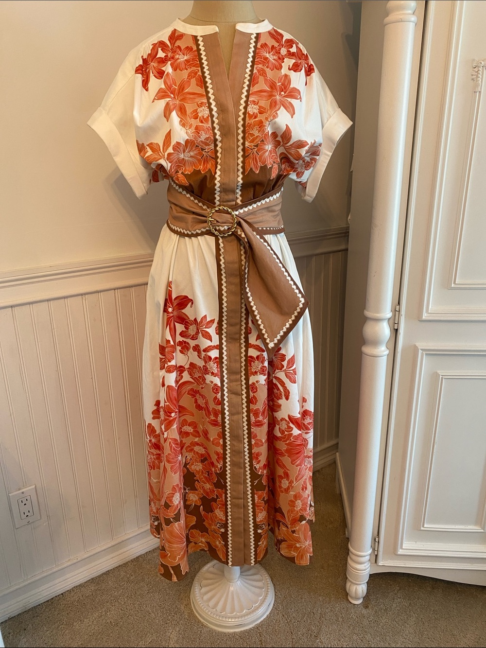 Reiss Sawyer Dress. Coral Floral Belted Midi Dress with Tan Belt - Picture 6 of 8
